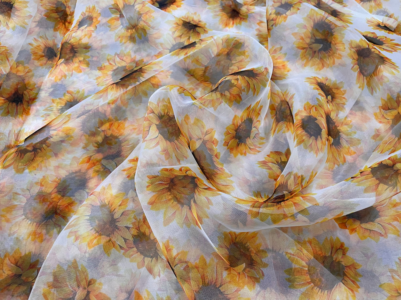 White & Yellow Floral Printed Organza Fabric
