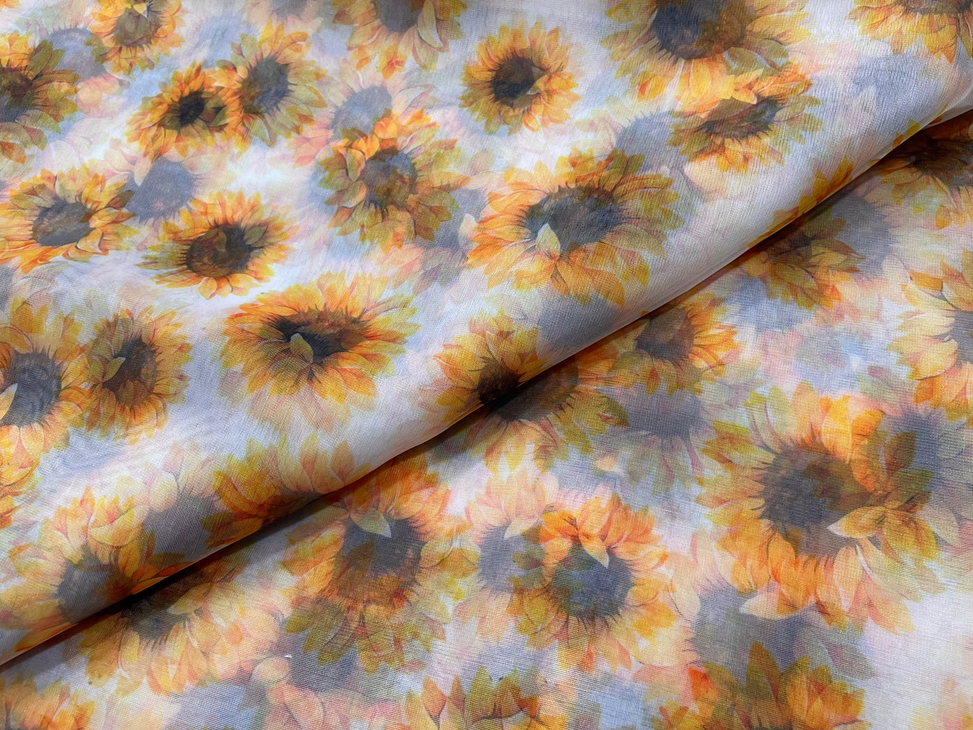 White & Yellow Floral Printed Organza Fabric