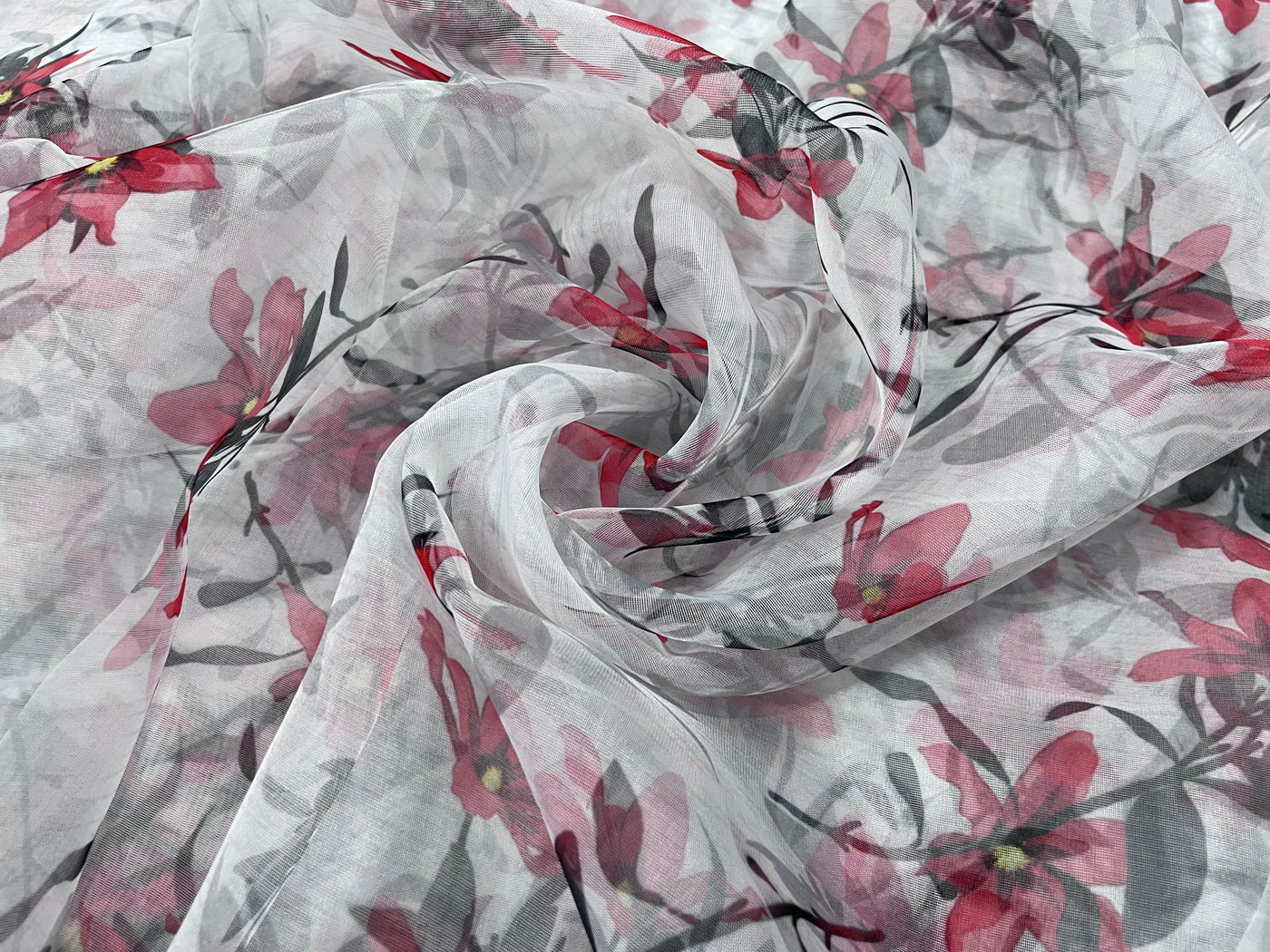 Red & Black Floral Printed Organza Fabric