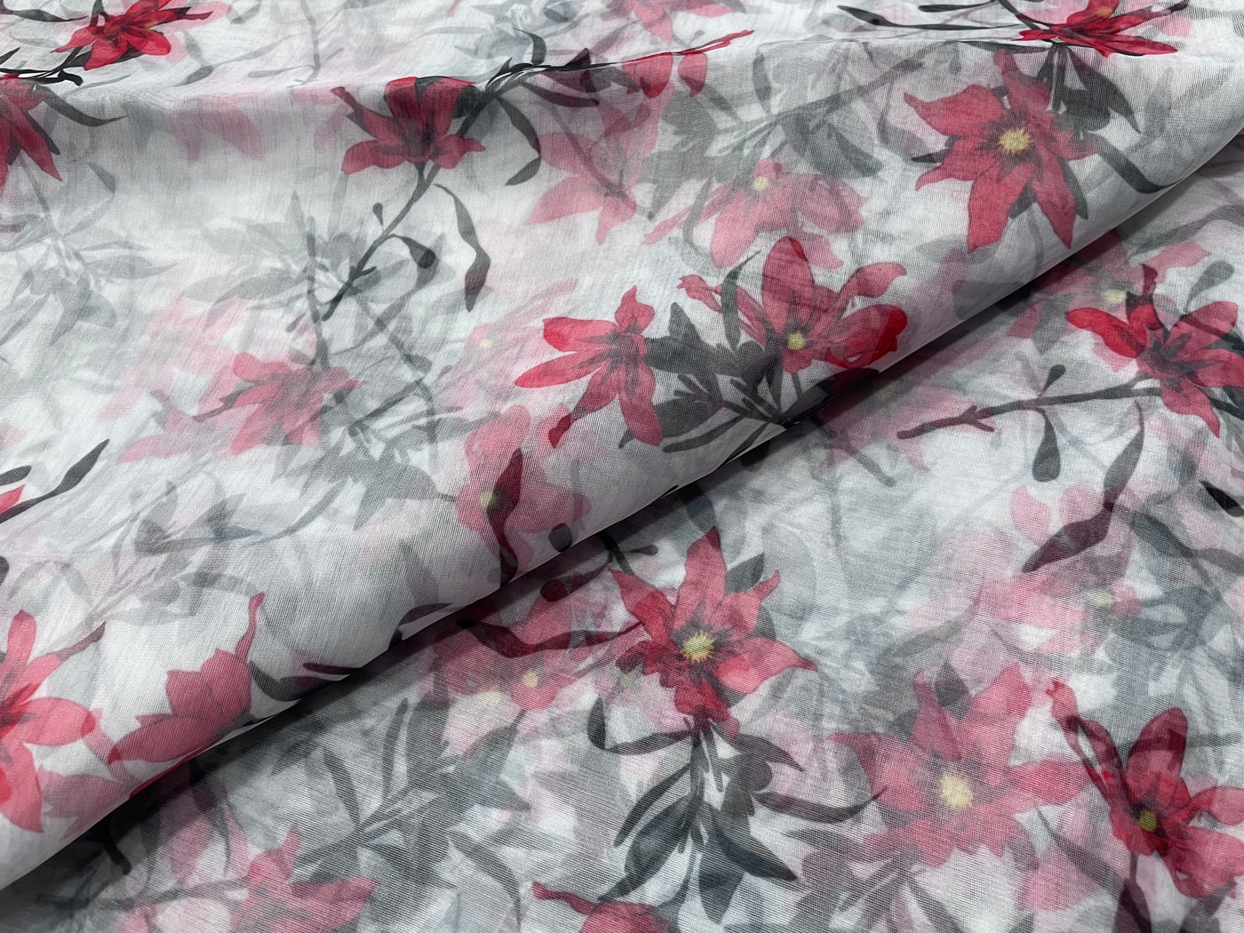 Red & Black Floral Printed Organza Fabric