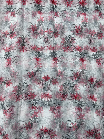 Red & Black Floral Printed Organza Fabric