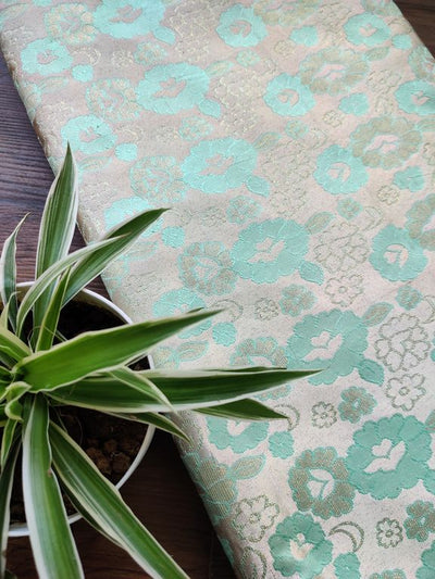 Cream & Pastel Green Floral Self Weaved Brocade Fabric