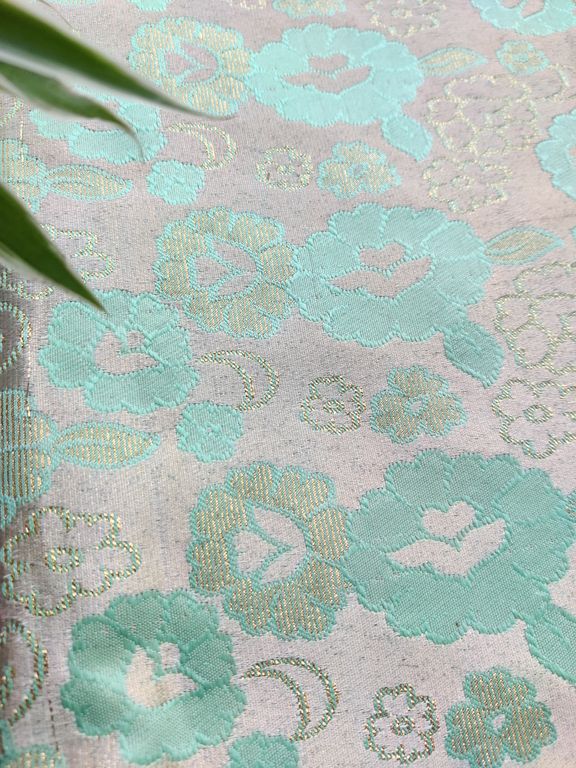 Cream & Pastel Green Floral Self Weaved Brocade Fabric