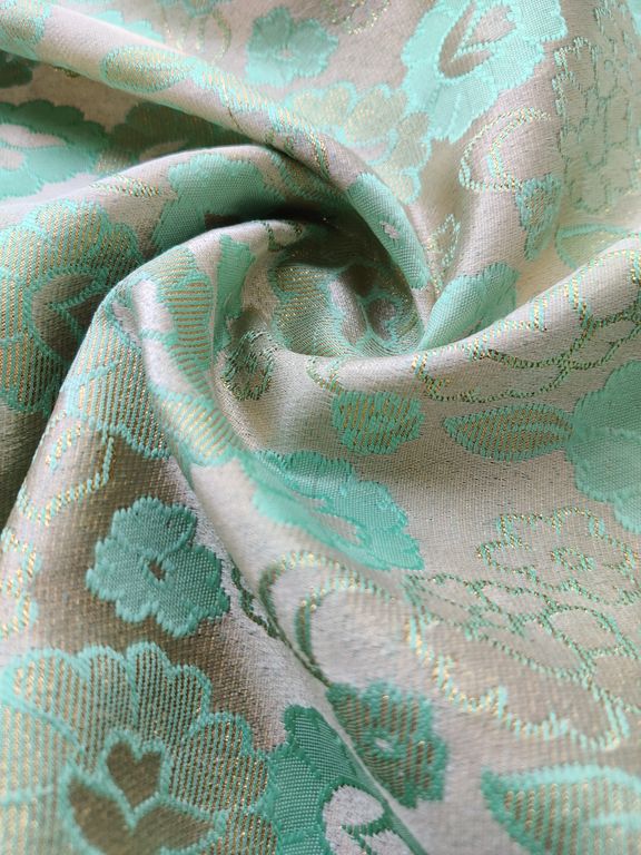 Cream & Pastel Green Floral Self Weaved Brocade Fabric