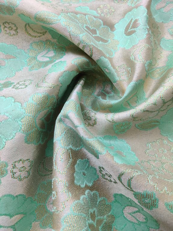 Cream & Pastel Green Floral Self Weaved Brocade Fabric