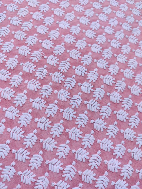 Precut Peach & White Chikankari Embroidered Cotton Fabric