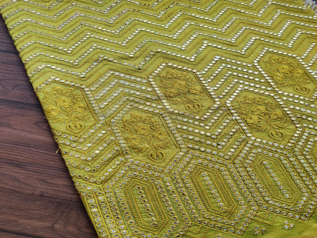 Lime Green Traditional Mirror Work Embroidered Chanderi Fabric (Wholesale)