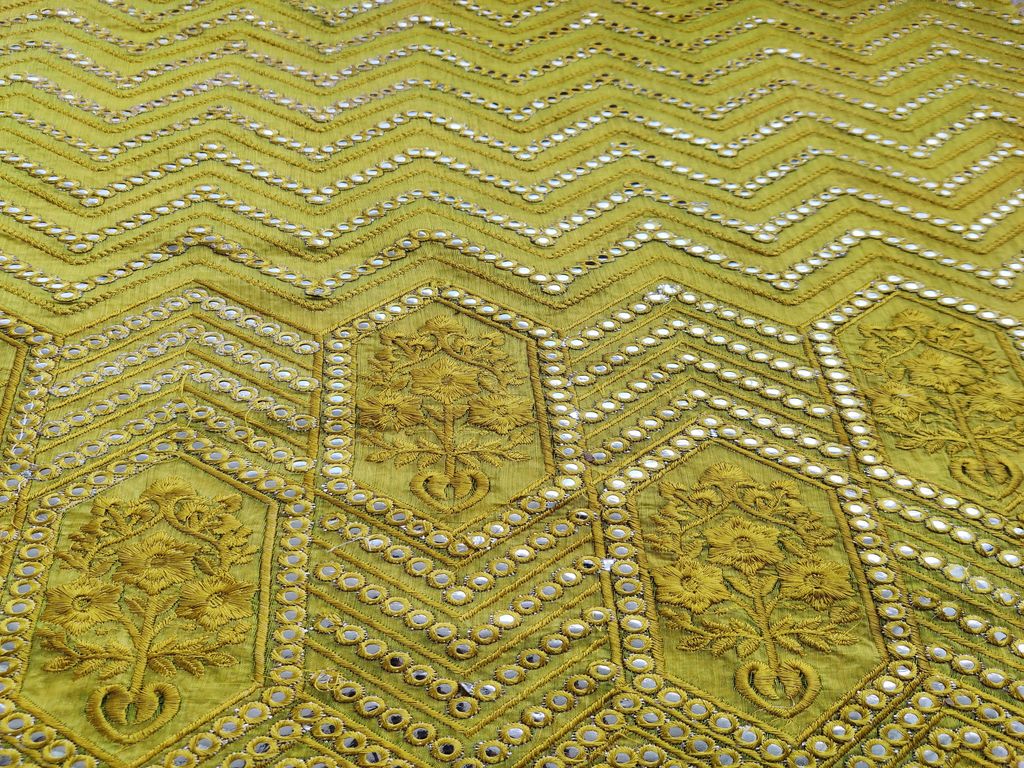 Lime Green Traditional Mirror Work Embroidered Chanderi Fabric (Wholesale)