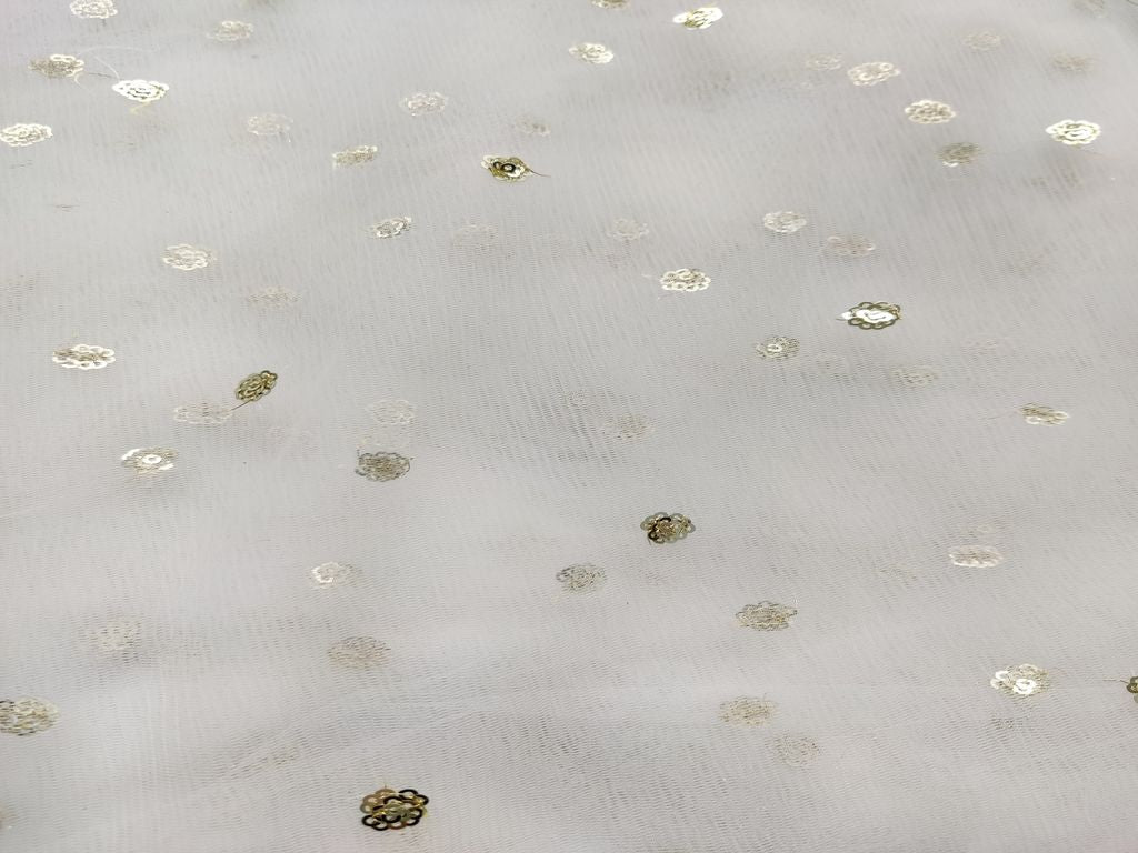 White & Golden Motifs Dyeable Sequins Net Fabric (Wholesale)