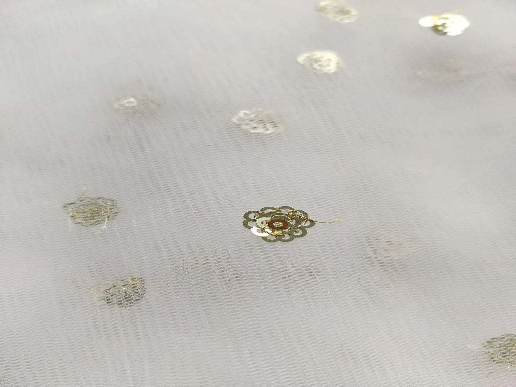 White & Golden Motifs Dyeable Sequins Net Fabric (Wholesale)