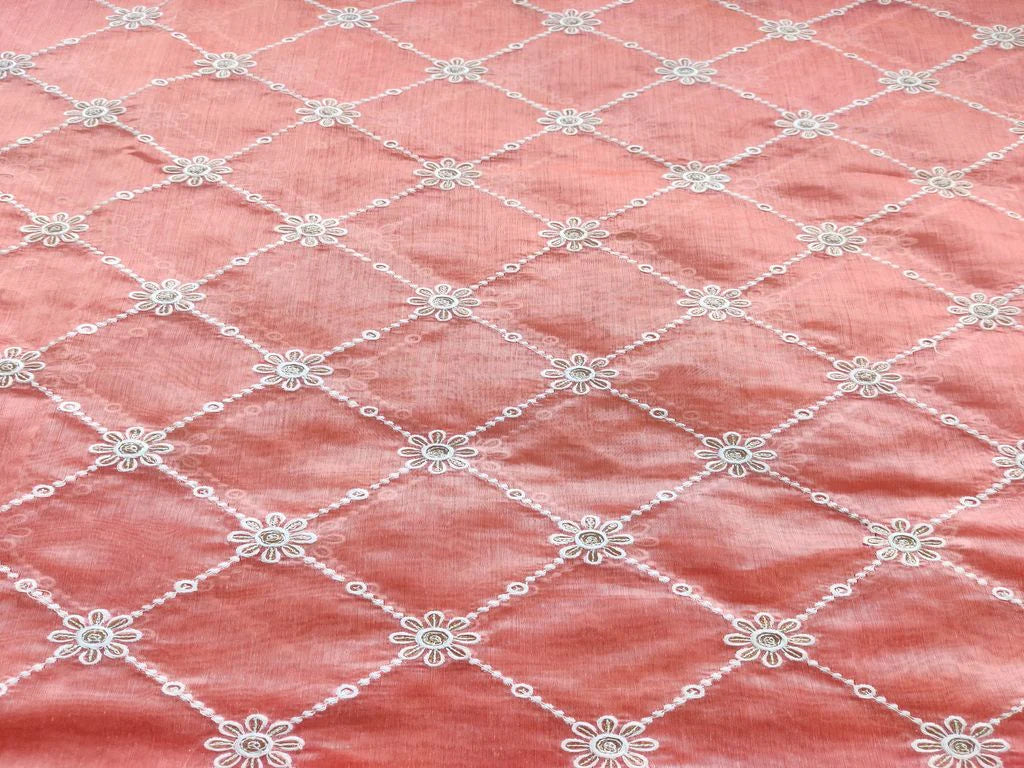 Peach & White Geometric Embroidered Chanderi Silk Fabric (Wholesale)