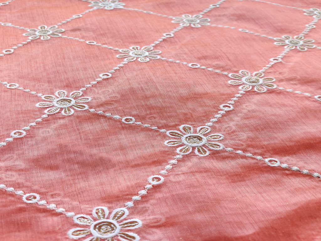 Peach & White Geometric Embroidered Chanderi Silk Fabric (Wholesale)