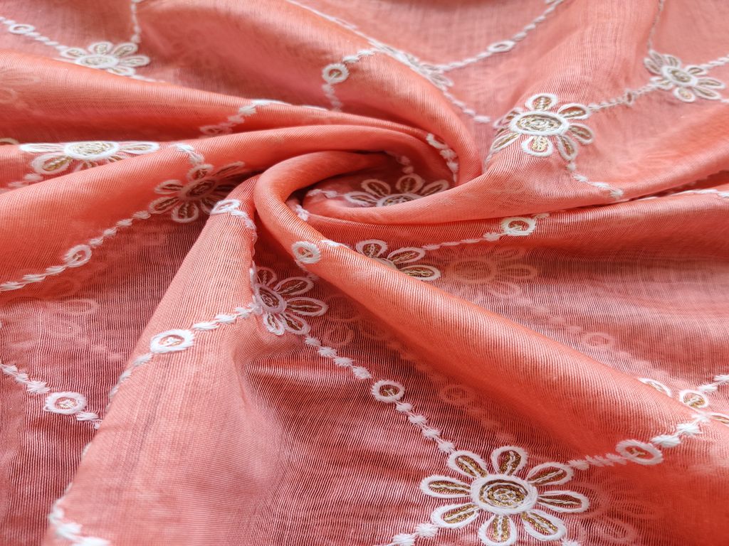 Peach & White Geometric Embroidered Chanderi Silk Fabric (Wholesale)