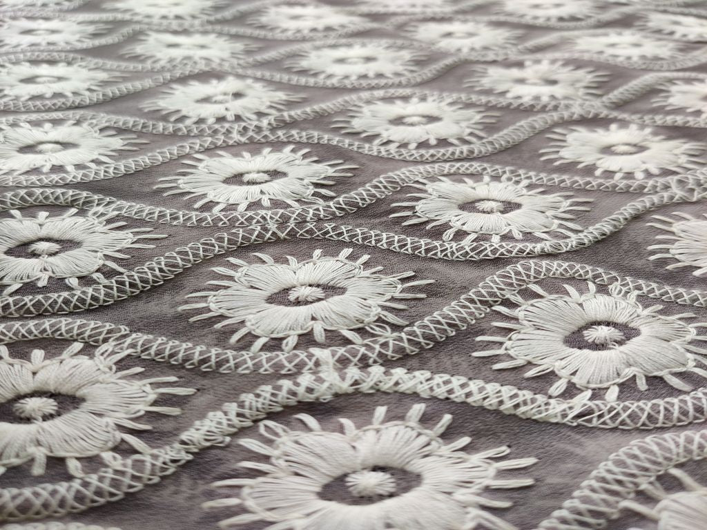 Light Gray & White Stripes Chikankari Embroidered Georgette Fabric (Wholesale)