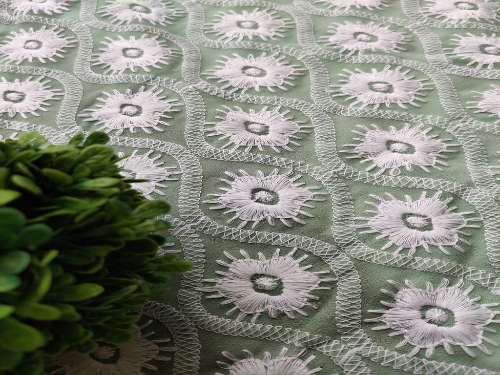 Mint Green & White Floral Chikankari Embroidered Georgette Fabric (Wholesale)