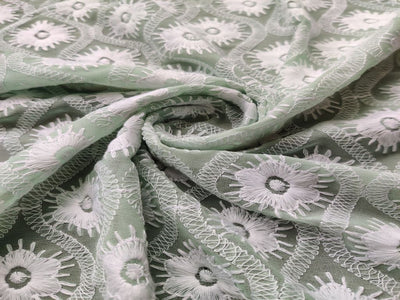 Mint Green & White Floral Chikankari Embroidered Georgette Fabric (Wholesale)