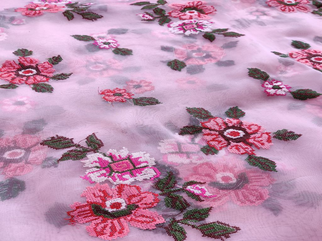 Pink Floral Thread Embroidered Organza Fabric (wholesale)