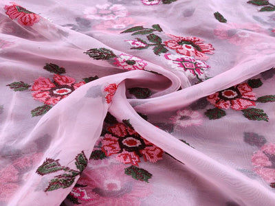 Pink Floral Thread Embroidered Organza Fabric (wholesale)