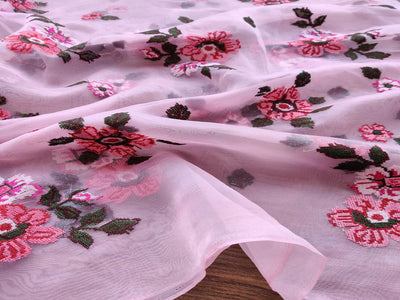 Pink Floral Thread Embroidered Organza Fabric (wholesale)