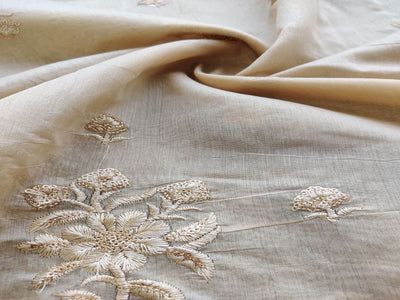 Beige Floral Self Embroidered Chanderi Silk Fabric (Wholesale)