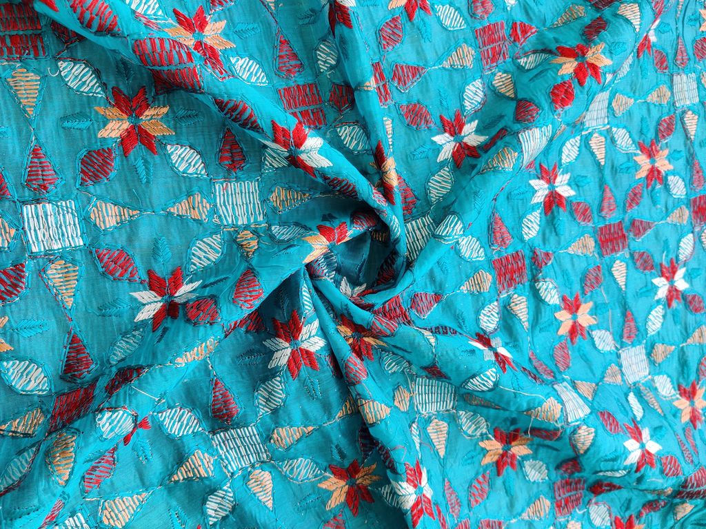 Multicolor Traditional Embroidered Kantha Chanderi Fabric (Wholesale)