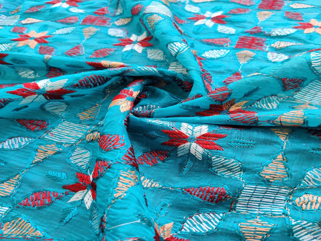 Multicolor Traditional Embroidered Kantha Chanderi Fabric (Wholesale)