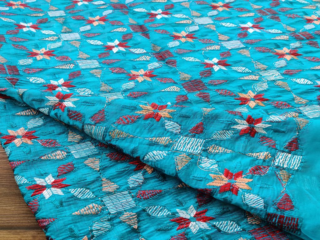 Multicolor Traditional Embroidered Kantha Chanderi Fabric (Wholesale)