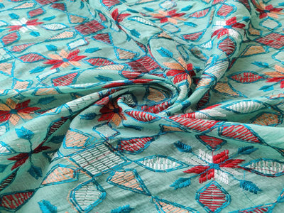 Turquoise Blue Traditional Embroidered Kantha Work Chanderi Silk Fabric (Wholesale)