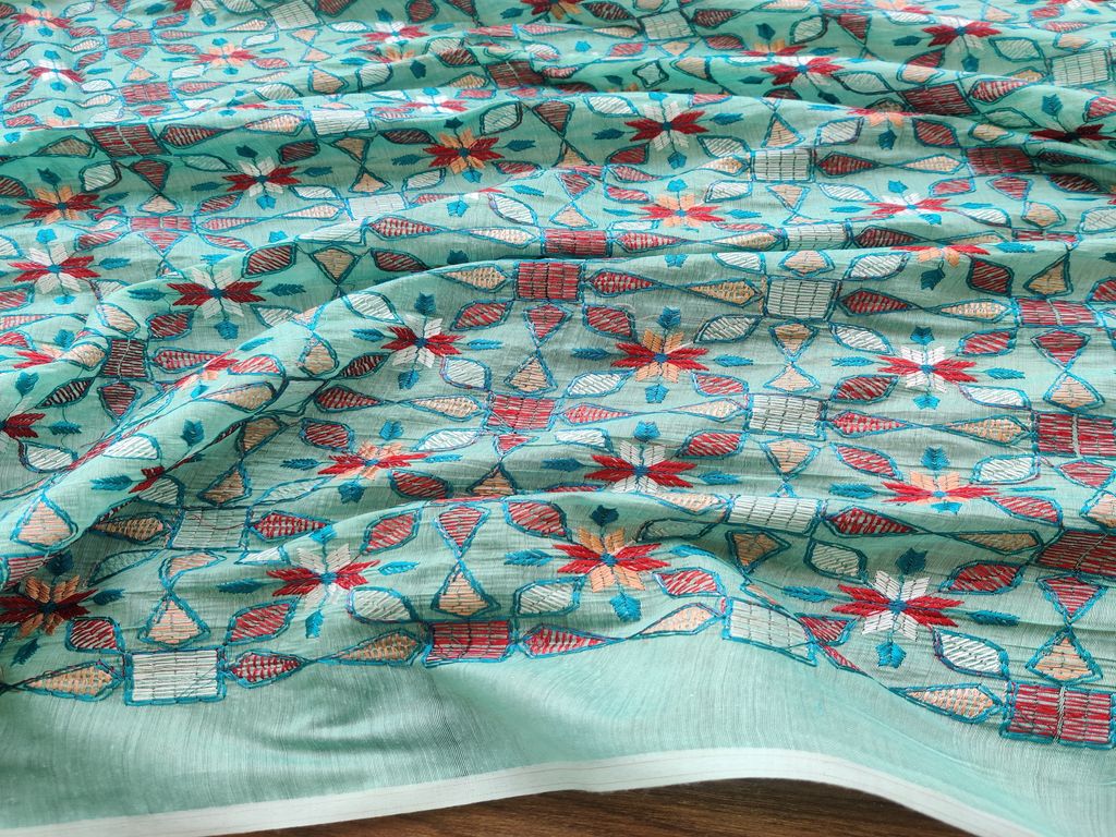 Turquoise Blue Traditional Embroidered Kantha Work Chanderi Silk Fabric (Wholesale)