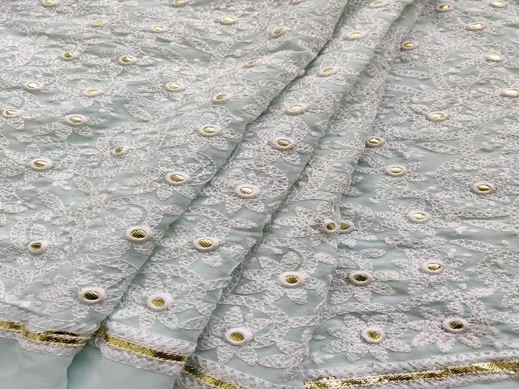 Mint Green Traditional Gota Patti Embroidered Chikankari Georgette Fabric (Wholesale)