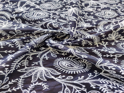 Navy Blue & White Traditional Lakhnawi Embroidered Chanderi Fabric (Wholesale)