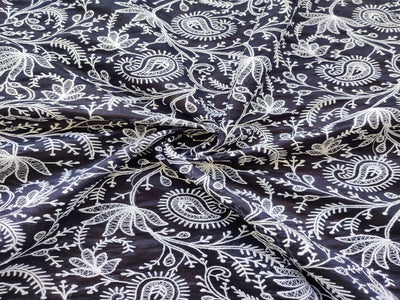 Navy Blue & White Traditional Lakhnawi Embroidered Chanderi Fabric (Wholesale)