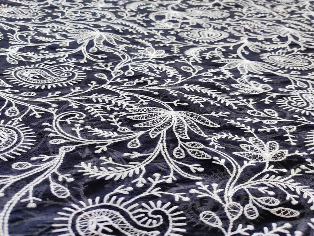 Navy Blue & White Traditional Lakhnawi Embroidered Chanderi Fabric (Wholesale)