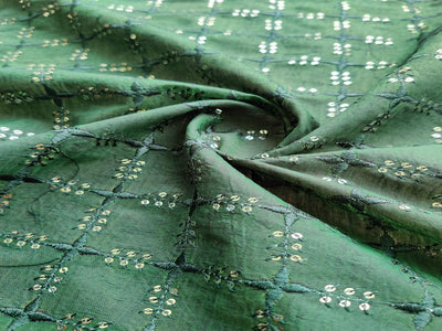 Bottle Green Checks Sequins Embroidered Chanderi Silk Fabric (Wholesale)