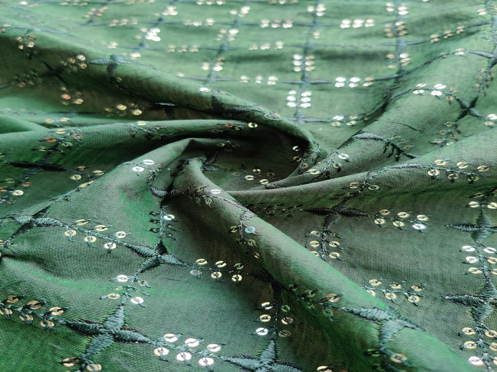 Bottle Green Checks Sequins Embroidered Chanderi Silk Fabric (Wholesale)