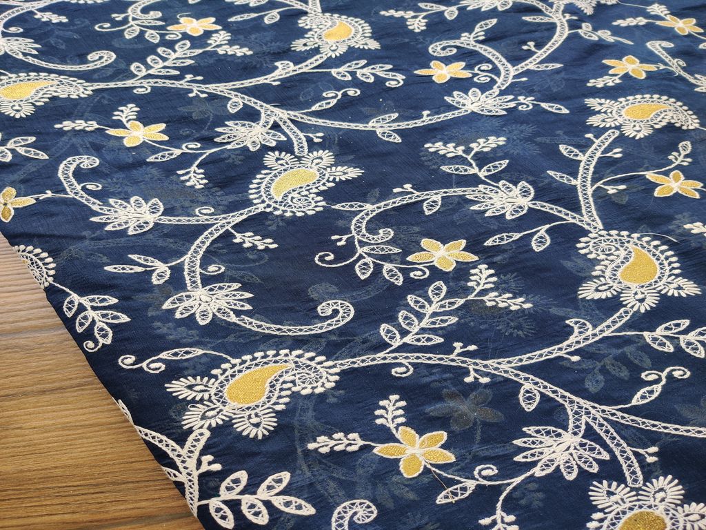 Dark Blue Traditional Chikankari Zari Embroidered Chanderi Silk Fabric (Wholesale)