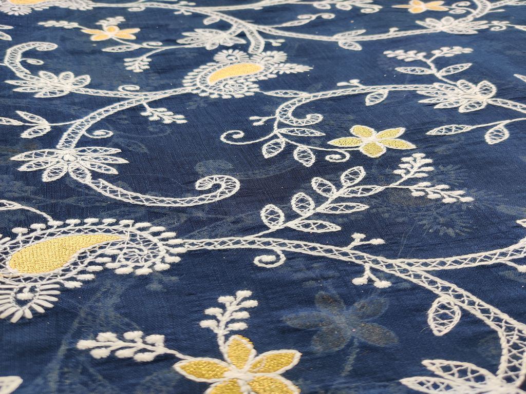 Dark Blue Traditional Chikankari Zari Embroidered Chanderi Silk Fabric (Wholesale)