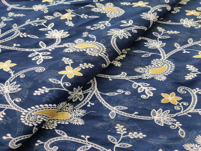 Dark Blue Traditional Chikankari Zari Embroidered Chanderi Silk Fabric (Wholesale)