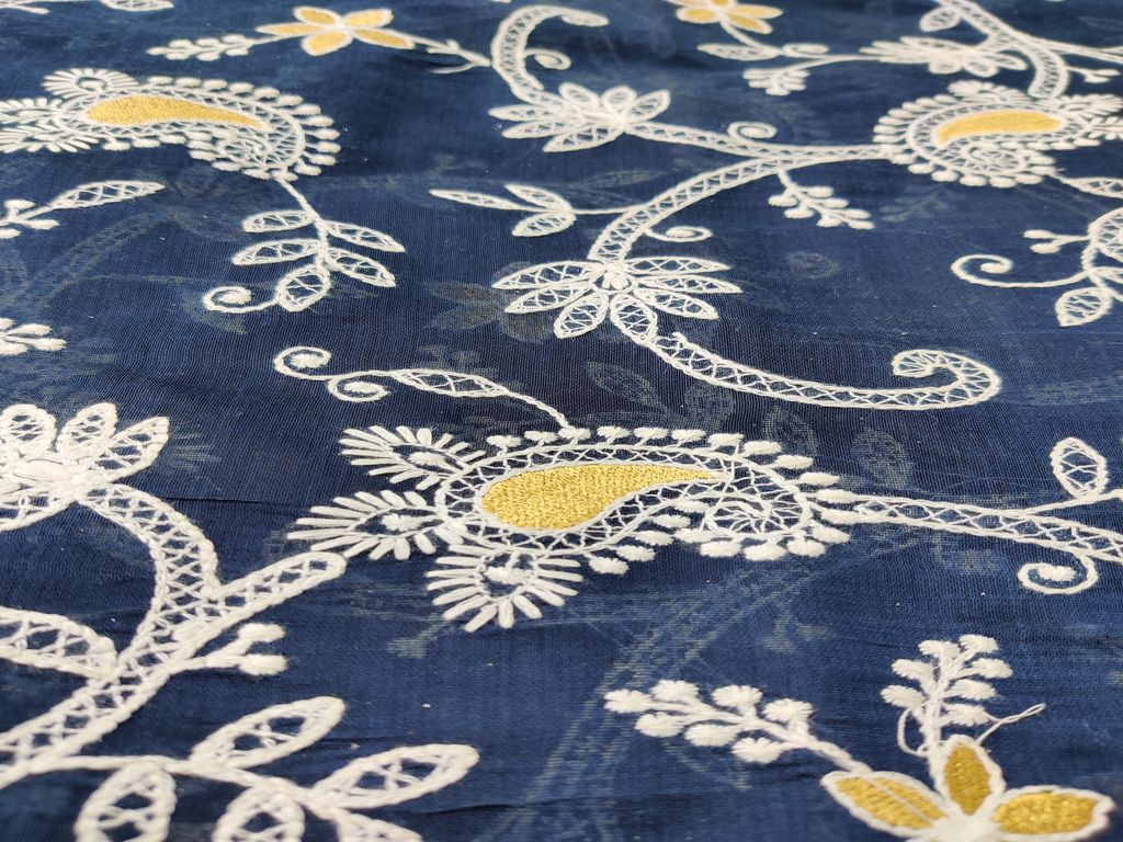 Dark Blue Traditional Chikankari Zari Embroidered Chanderi Silk Fabric (Wholesale)