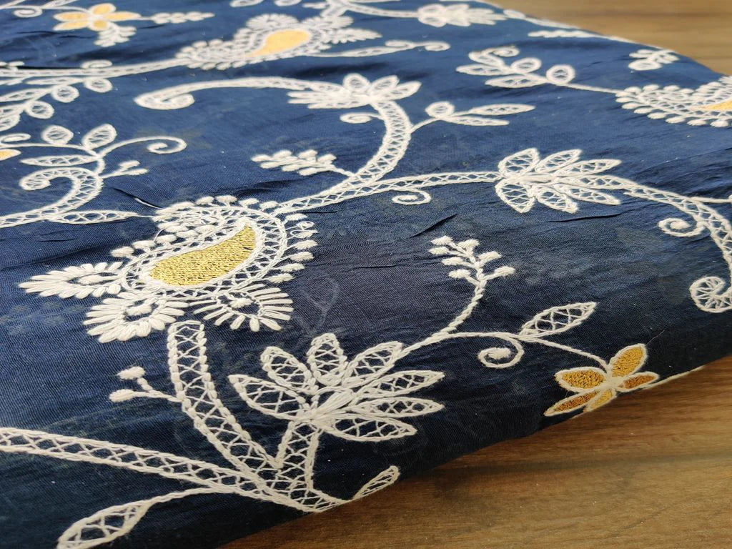 Dark Blue Traditional Chikankari Zari Embroidered Chanderi Silk Fabric (Wholesale)