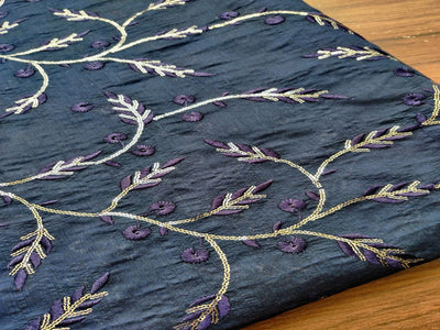 Dark Blue Traditional Embroidered Chanderi Silk Fabric (Wholesale)