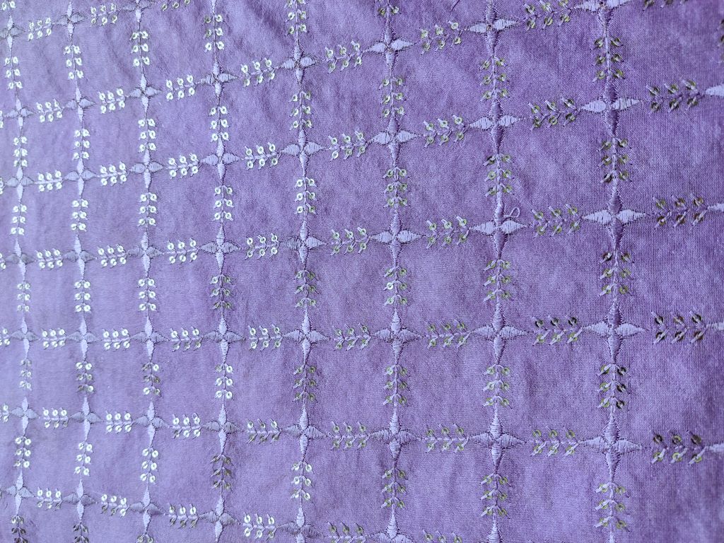 Mauve Purple Checks Thread Embroidered Chanderi Silk Fabric (Wholesale)