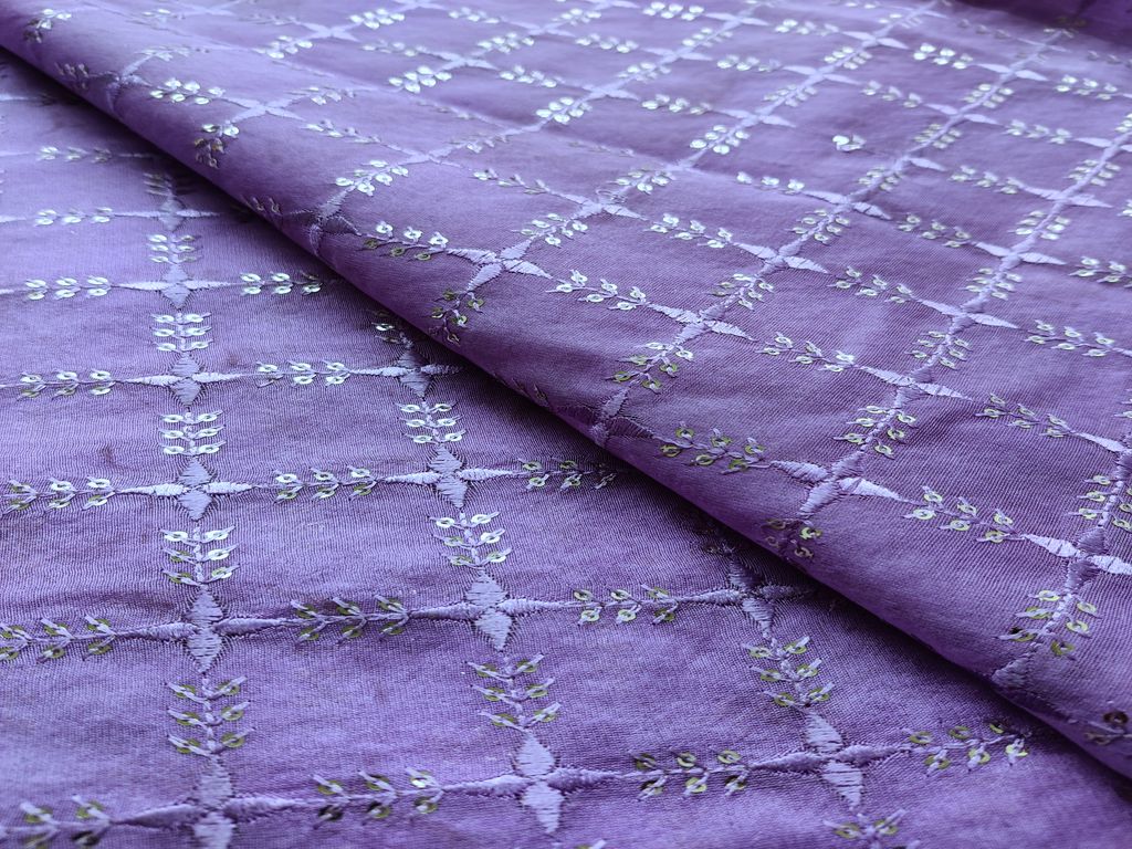 Mauve Purple Checks Thread Embroidered Chanderi Silk Fabric (Wholesale)