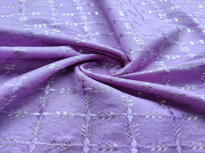 Mauve Purple Checks Thread Embroidered Chanderi Silk Fabric (Wholesale)