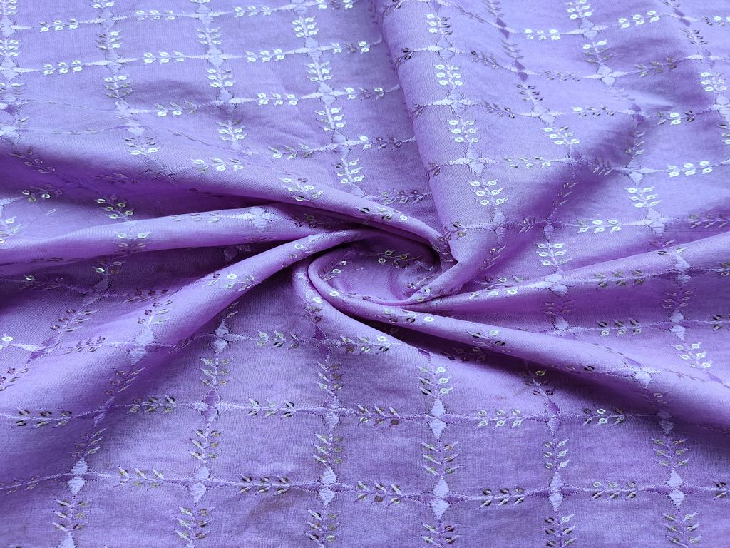 Mauve Purple Checks Thread Embroidered Chanderi Silk Fabric (Wholesale)