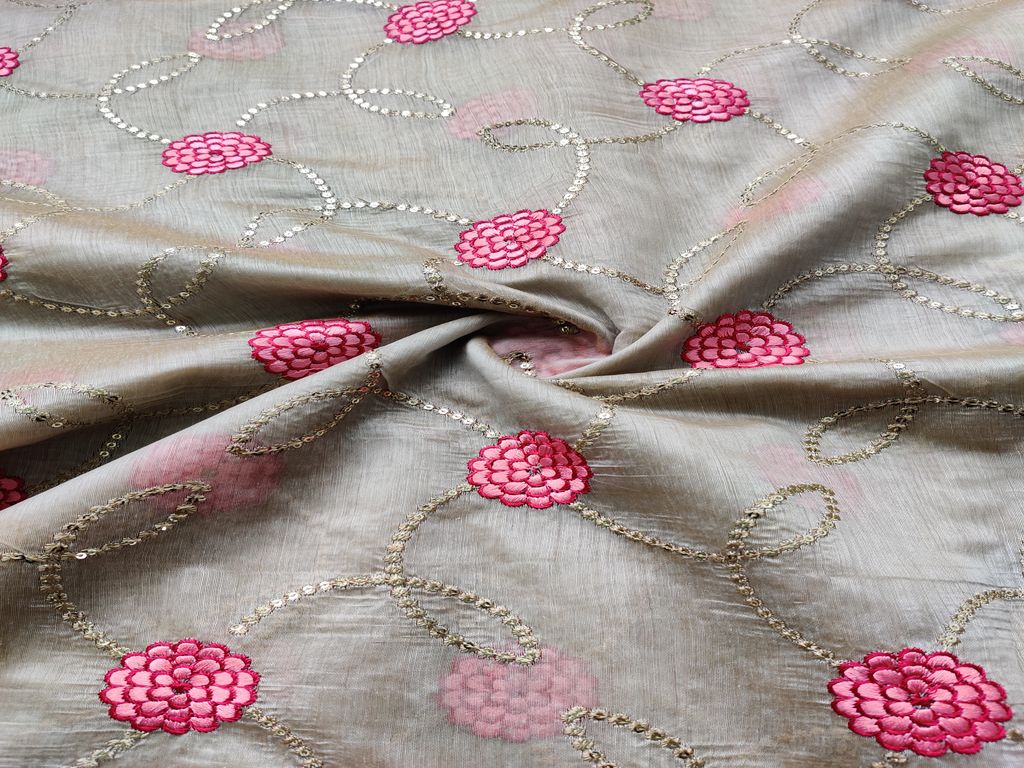 Beige Motifs Thread Embroidered Chanderi Fabric