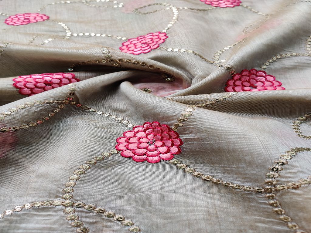 Beige Motifs Thread Embroidered Chanderi Fabric