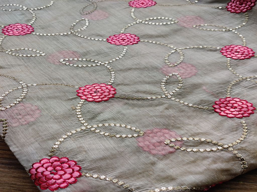 Beige Motifs Thread Embroidered Chanderi Fabric