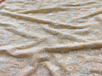 Light Peach & White Traditional Chikankari Embroidered Georgette Fabric (Wholesale)