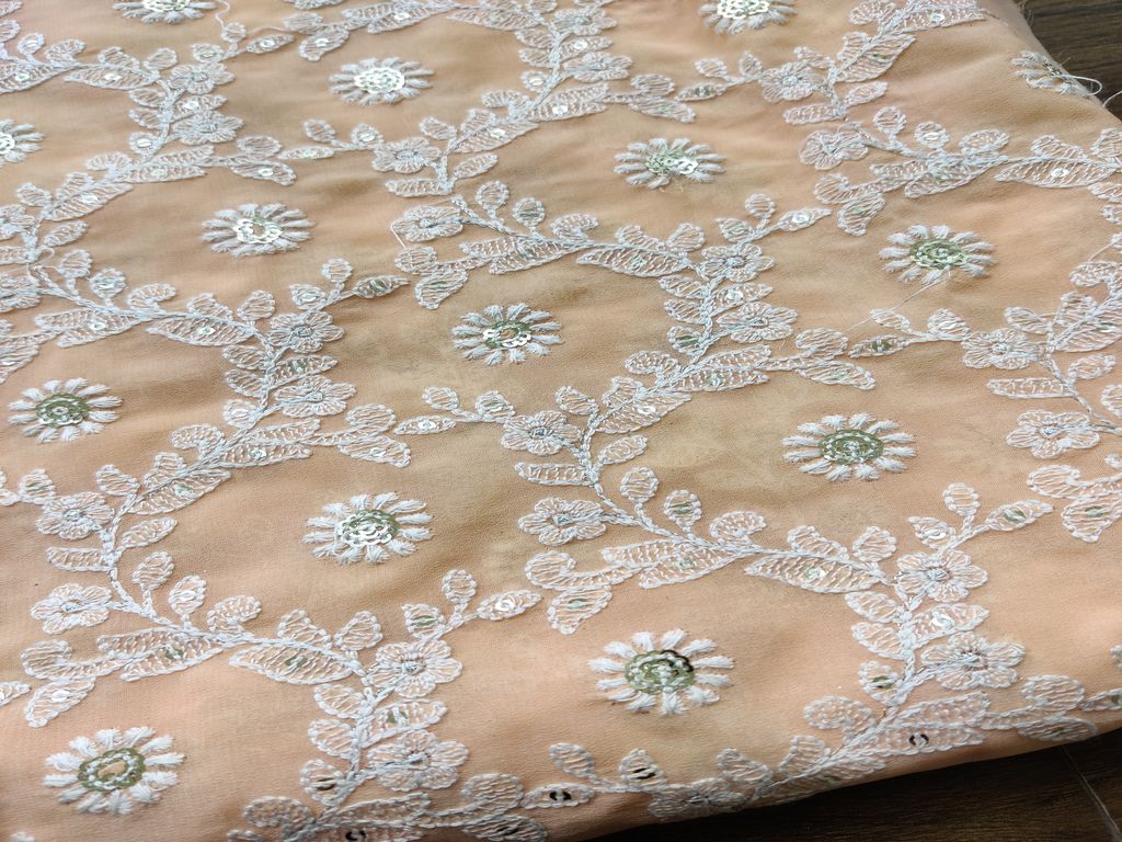 Light Peach & White Traditional Chikankari Embroidered Georgette Fabric (Wholesale)